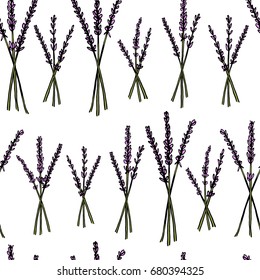 Vector seamless pattern with hand drawn lavender twigs. Delicate and romantic floral design elements. 