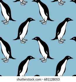 Vector seamless pattern with hand drawn cute penguins on blue background. Funny penguin characters, beautiful design elements.