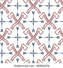 Vector seamless pattern with hand drawn crossed axes and arrow feathering. Beautiful design elements.