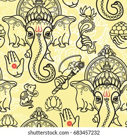 Vector seamless pattern of hand drawn line art Ganesha  icon on lidht background. Ganesh vector illustration.