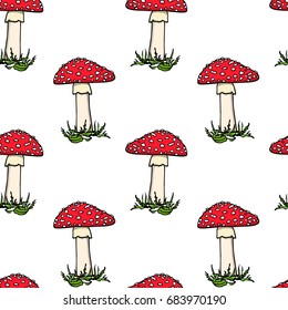 Vector seamless pattern with hand drawn poisonous fungus Amanita. Ink drawing, graphic style. Beautiful design elements.
