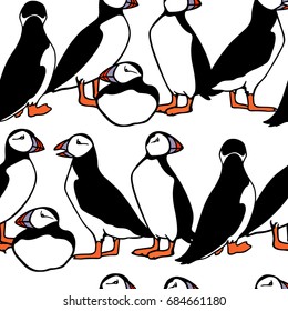 Vector seamless pattern with hand drawn cute atlantic puffins on white background. Funny puffin character, beautiful design elements.