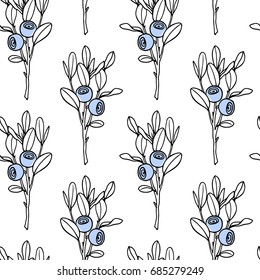 Vector seamless pattern with hand drawn blueberry twigs. Beautiful floral design elements, ink drawing