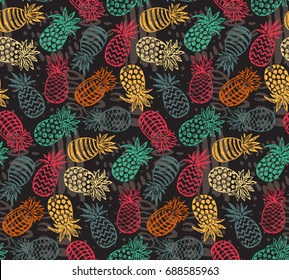 Vector seamless pattern with hand drawn graphic sketch pineapple fruits. Colorful endless vector background