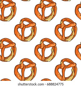 Vector seamless pattern with hand drawn bretzels. Traditional german pastry illustration. Beautiful food design elements.