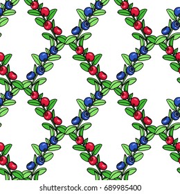 Vector seamless pattern with hand drawn cranberry and blueberry twigs. Beautiful floral design elements, ink drawing