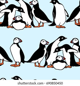 Vector seamless pattern with hand drawn cute penguins and atlantic puffins. Funny penguin characters, beautiful design elements.