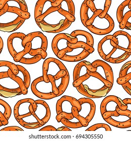 Vector seamless pattern with hand drawn pretzels. Traditional german pastry illustration. Beautiful food design elements.