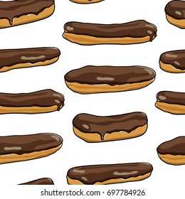 Vector seamless pattern with hand drawn chocolate eclairs. Traditional pastry illustration. Beautiful food design elements.