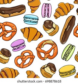 Vector seamless pattern with hand drawn traditional pastry. Beautiful food design elements.