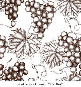 Vector seamless pattern with hand drawn grapes. Hand drawn illustration. Engraved fruit background. Vintage design. 