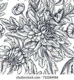Vector seamless pattern with hand drawn chrysanthemum flowers on white background.