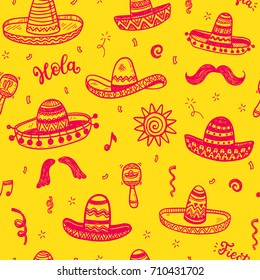 Vector seamless pattern with hand drawn doodle Mexican sombreros. Independence day, Cinco de mayo celebration, party decorations for your design.