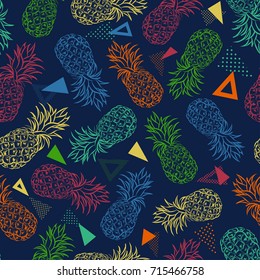 Vector seamless pattern with hand drawn pineapple fruits on colorful geometrical  background in Memphis style.Vector illustration for fabric, textile, wrapping paper and other decoration design.