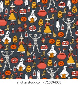 Vector seamless pattern with hand drawn colored symbols of Halloween on gray color. Background for use in design, packing, web site, fabric