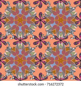Vector seamless pattern with hand drawn doodle flowers. Cute floral background for textile, fabric, wrapping, scrapbooking. Childish design. On pink, beige and neutral backdrop.