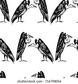 Vector seamless pattern with hand drawn creepy and comic vultures. Charcoal drawing, beautiful Halloween design elements.