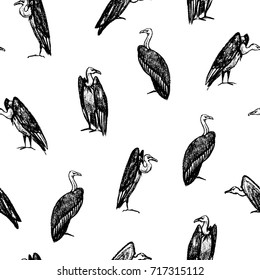 Vector seamless pattern with hand drawn creepy and comic vultures. Charcoal drawing, beautiful Halloween design elements.