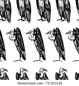 Vector seamless pattern with hand drawn creepy and comic vultures. Charcoal drawing, beautiful Halloween design elements.