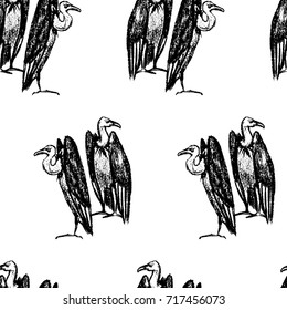 Vector seamless pattern with hand drawn creepy and comic vultures. Charcoal drawing, beautiful Halloween design elements.