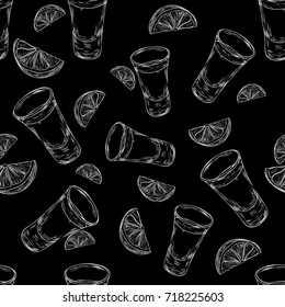Vector seamless pattern with hand drawn tequila shot and slice lime. Tequila glass with slice of lime background in engraved style. 