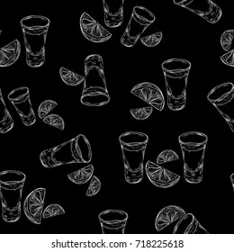 Vector seamless pattern with hand drawn tequila shot and slice lime. Tequila glass with slice of lime background in engraved style. 