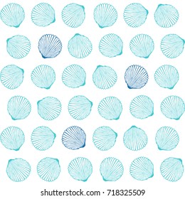 Vector seamless pattern with hand drawn scallop shells.  Marine background in engraved style. Hand drawn underwater vector illustration with seashells.