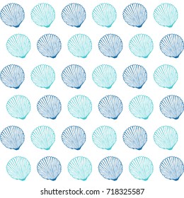 Vector seamless pattern with hand drawn scallop shells.  Marine background in engraved style. Hand drawn underwater vector illustration with seashells.