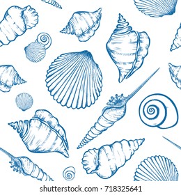 Vector seamless pattern with hand drawn seashells.  Marine background in engraved style. Hand drawn underwater vector illustration with seashells.