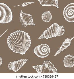 Vector seamless pattern with hand drawn seashells.  Marine background in engraved style. Hand drawn underwater vector illustration with seashells.