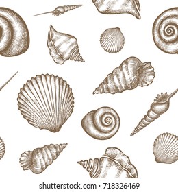 Vector seamless pattern with hand drawn seashells.  Marine background in engraved style. Hand drawn underwater vector illustration with seashells.