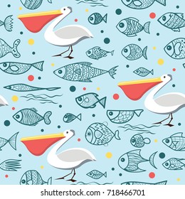 Vector seamless pattern with hand drawn pelican and fish. Repeat pattern perfect for fabric, textile, wrapping paper and other decoration design.