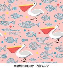 Vector seamless pattern with hand drawn pelican and fish. Repeat pattern perfect for fabric, textile, wrapping paper and other decoration design.