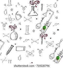 Vector seamless pattern with hand drawn glass flasks. Uncolored bottles. Back to school.