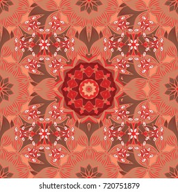 Vector seamless pattern with hand drawn doodle flowers. Cute floral background for textile, fabric, wrapping, scrapbooking. Childish design. On orange, red and brown backdrop.
