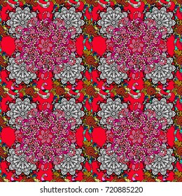 Vector seamless pattern with hand drawn doodle flowers. Cute floral background for textile, fabric, wrapping, scrapbooking. Childish design. On white, black and red backdrop.