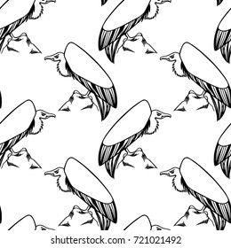 Vector seamless pattern with hand drawn creepy and comic vultures. Ink drawing, beautiful Halloween design elements.