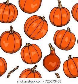 Vector seamless pattern with  hand drawn sugar pumpkins. Ink drawing, beautiful vegetarian design elements.