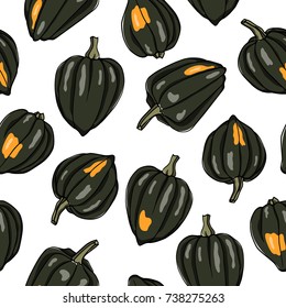 Vector seamless pattern with  hand drawn acorn pumpkins. Ink drawing, beautiful vegetarian design elements.
