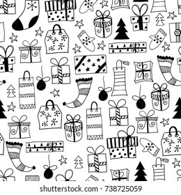 Vector Seamless Pattern with Hand Drawn Christmas Gifts, Socks, and Boxes