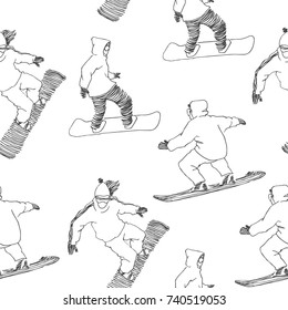 Vector seamless pattern with hand drawn snowboarders. Winter vacation. Illustration in sketch style.