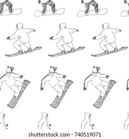 Vector seamless pattern with hand drawn snowboarders. Winter vacation. Illustration in sketch style.