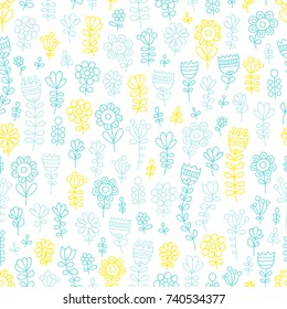 Vector seamless pattern with hand drawn flowers. Cute floral background with doodle fantasy plants. Green and yellow colors. On white back drop.