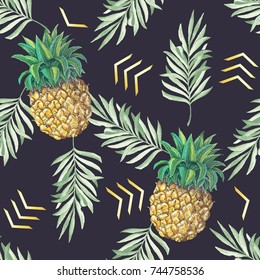 Vector seamless pattern with hand drawn pineapples and palm tree leaves illustration