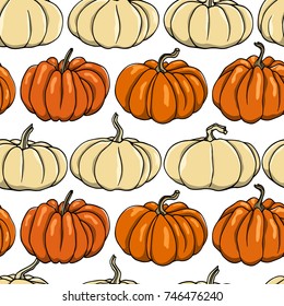 Vector seamless pattern with hand drawn cheese and fairytale pumpkins. Ink drawing, beautiful vegetarian design elements.