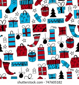 Vector Seamless Pattern with Hand Drawn Christmas Gifts, Socks, and Boxes