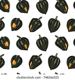 Vector seamless pattern with  hand drawn acorn pumpkins. Ink drawing, beautiful vegetarian design elements.