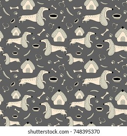 Vector seamless pattern of hand drawn dachshunds. Symbols of the New Year 2018. Use as a background for sites, wallpapers, wrapping paper.