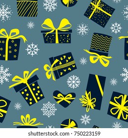 Vector seamless pattern with hand drawn gift boxes and snowflakes. Christmas gift boxes and New year decoration. Pattern for fabric, textile, wrapping paper, card, backdrop or other decoration.