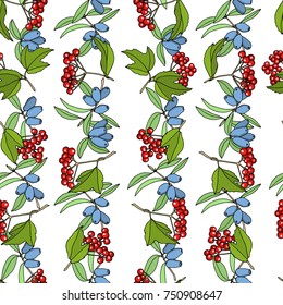 Vector seamless pattern and hand drawn viburnum   honeysuckle twigs  Beautiful food design elements  ink drawing